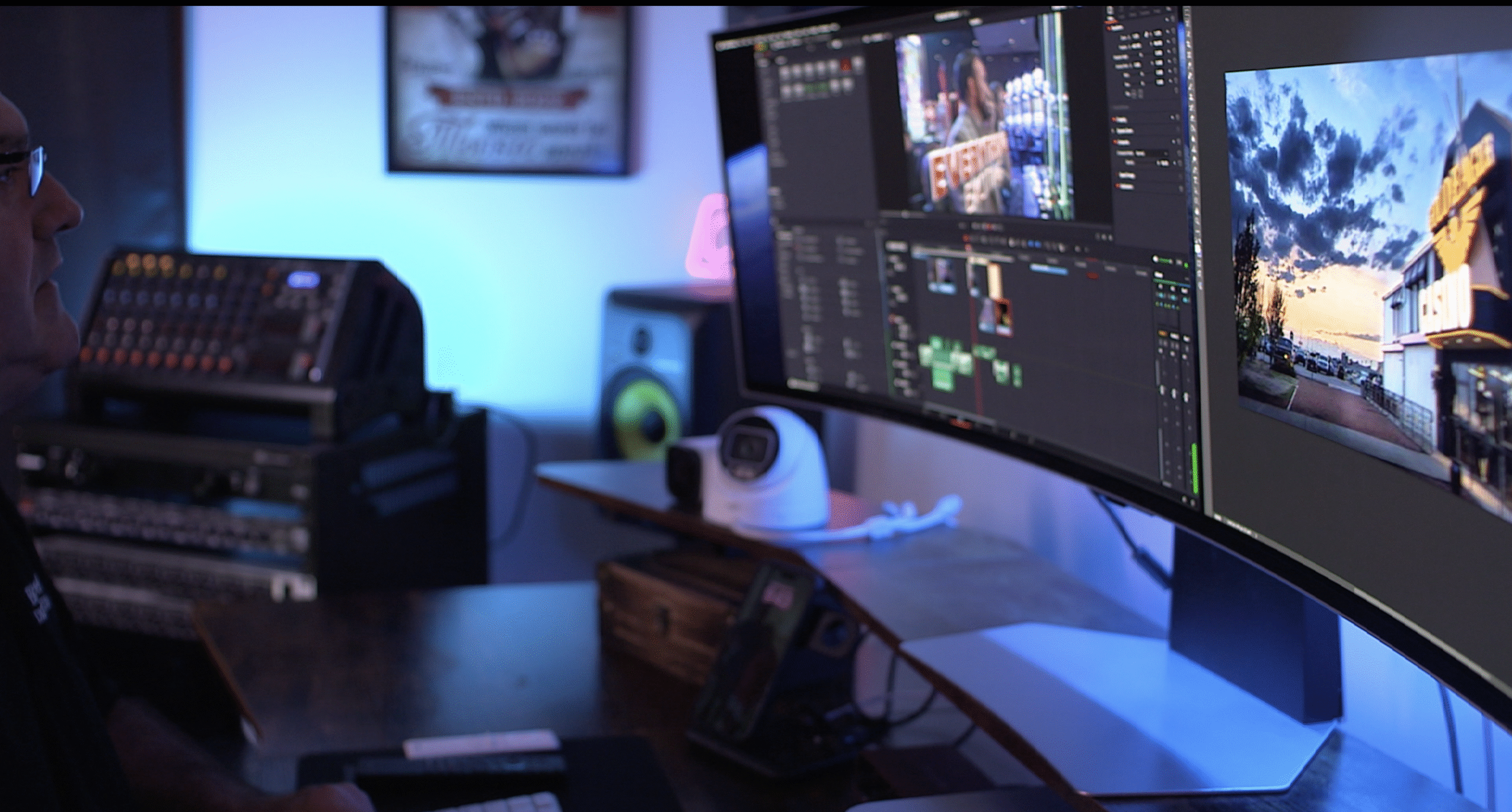 Professional Video Editing & Post-Production Suite | Big Wheel Digital Media "State-of-the-art video editing suite at Big Wheel Digital Media with multi-screen editing setup and professional color grading tools."